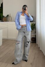 Beli Katlı Dizi Yırtık Antrasit Jean