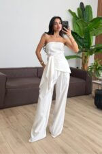Mila Straplez Bluz Pantolon Takım Ekru