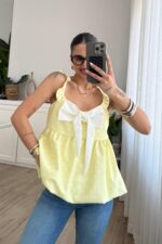 Fiyonk Detaylı Puantiyeli Balon Bluz Sarı