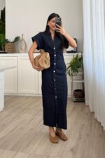 Denim Düşük Kol Beli Drapeli Lacivert Elbise