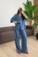 Denim Görünümlü Gömlek Pantolon Takım Mavi