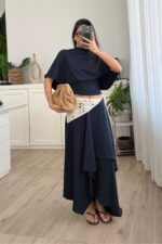 Yarasa Kol Belden Oturtmalı Etek Takım Lacivert