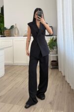 Drapeli Beli Bağlamalı Yelek Takım Siyah