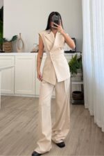 Drapeli Beli Bağlamalı Yelek Takım Bej