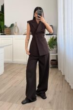 Drapeli Beli Bağlamalı Yelek Takım Kahverengi