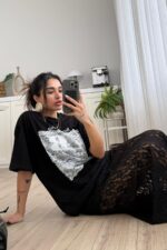 Kısa Astarlı Güpürlü Midi Etek Siyah