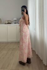 İp Askılı Fırfırlı Çiçekli Elbise Pembe - Görsel 3