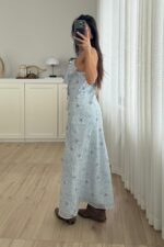 İp Askılı Fırfırlı Çiçekli Elbise Mavi - Görsel 3