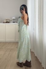 İp Askılı Fırfırlı Çiçekli Elbise Yeşil - Görsel 3