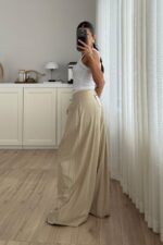 Pileli Geniş Kesim Pantolon Bej - Görsel 4