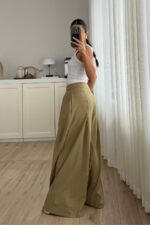 Pileli Geniş Kesim Pantolon Haki - Görsel 4