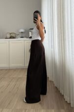 Pileli Geniş Kesim Pantolon Kahverengi - Görsel 4