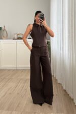 Fermuarlı Yelek Pantolon Takım Kahverengi