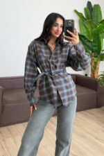 Yakası Düğmeli Bağlamalı Ekose Gömlek Mavi