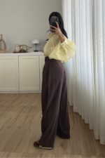 Benek Tokalı Pileli Tensel Pantolon Kahverengi - Görsel 3