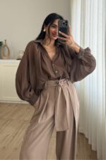 Balon Kol Transparan Gömlek Kahverengi