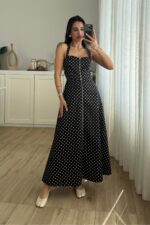 Çapraz Askılı Puantiyeli Fermuarlı Elbise Siyah - Görsel 2