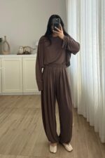 Modal Kumaş Uzun Kollu Şalvar Takım Kahverengi
