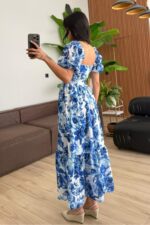 Kare Yaka Mavi Çiçek Desenli Elbise - Görsel 4