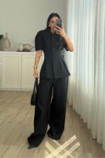 Ous Kısa Kol Belden Oturtmalı Pantolon Takım Siyah