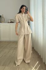 Ous Kısa Kol Belden Oturtmalı Pantolon Takım Taş