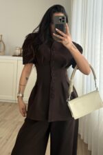 Ous Kısa Kol Belden Oturtmalı Pantolon Takım Kahverengi - Görsel 2