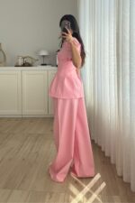 Ous Kısa Kol Belden Oturtmalı Pantolon Takım Pembe - Görsel 4