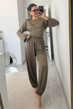 Beli Ayarlanabilir Uzun Kollu Bluz Eşofman Takım Haki