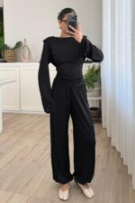 Beli Ayarlanabilir Uzun Kollu Bluz Eşofman Takım Siyah