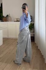 Beli Katlı Dizi Yırtık Antrasit Jean - Görsel 4