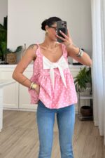 Fiyonk Detaylı Puantiyeli Balon Bluz Pembe