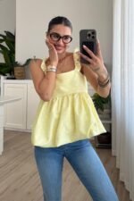 Fiyonk Detaylı Puantiyeli Balon Bluz Sarı - Görsel 2