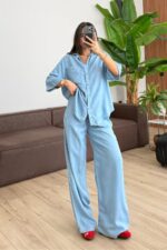 Denim Görünümlü Gömlek Pantolon Takım Açık Mavi