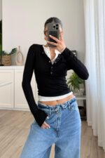 Önü Çıtçıtlı İki Kat Bluz siyah