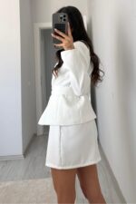 Nesh Yakasız Ceket Mini Etek Takım Beyaz - Görsel 4