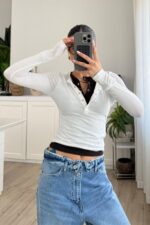 Önü Çıtçıtlı İki Kat Bluz Beyaz