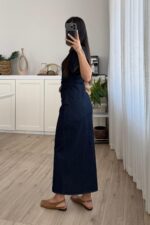 Denim Düşük Kol Beli Drapeli Lacivert Elbise - Görsel 4