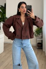 Kısa Düğmeli Trençkot Kahverengi