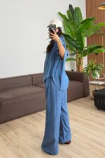 Denim Görünümlü Gömlek Pantolon Takım Mavi - Görsel 4