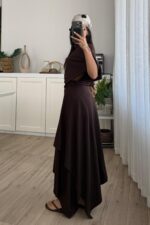 Yarasa Kol Belden Oturtmalı Etek Takım Kahverengi - Görsel 4