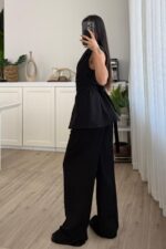 Drapeli Beli Bağlamalı Yelek Takım Siyah - Görsel 4