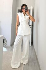 Drapeli Beli Bağlamalı Yelek Takım Beyaz