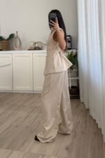 Drapeli Beli Bağlamalı Yelek Takım Bej - Görsel 4