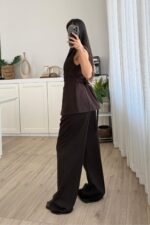 Drapeli Beli Bağlamalı Yelek Takım Kahverengi - Görsel 4