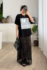 Kısa Astarlı Güpürlü Midi Etek Siyah - Görsel 2