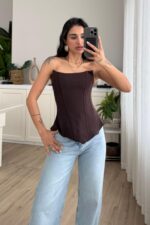 Balenli Straplez Bluz Kahve