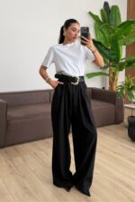 St Gold Kemerli Pileli Pantolon Siyah