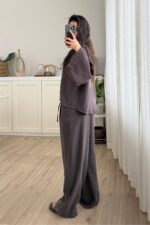 Tek Düğmeli Tensel Kimono Takım Kahverengi - Görsel 4