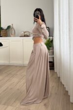 Pantolonu Pileli Bluz Takım Vizon - Görsel 4