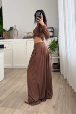 Pantolonu Pileli Bluz Takım Kahverengi - Görsel 4